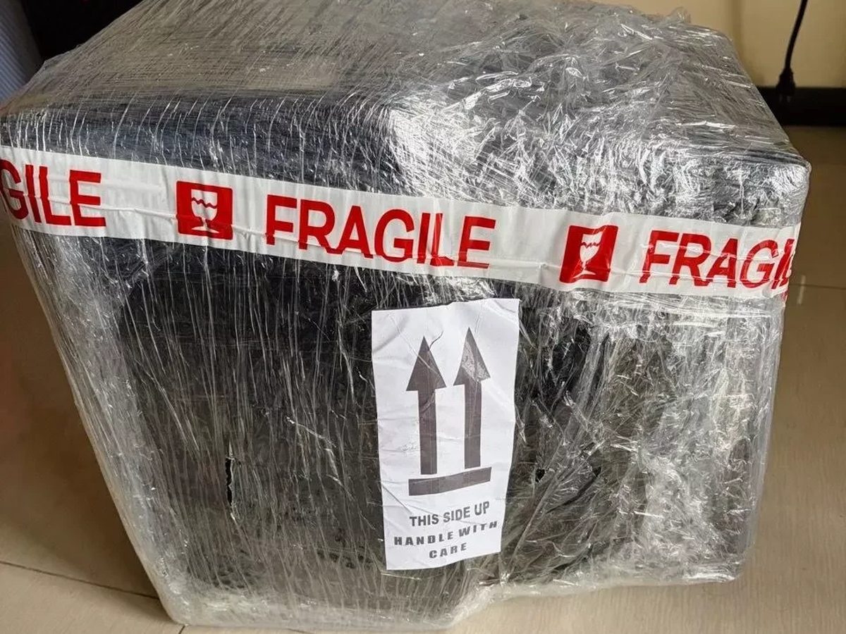 Karofi water purifier wrapped and labelled fragile for delivery
